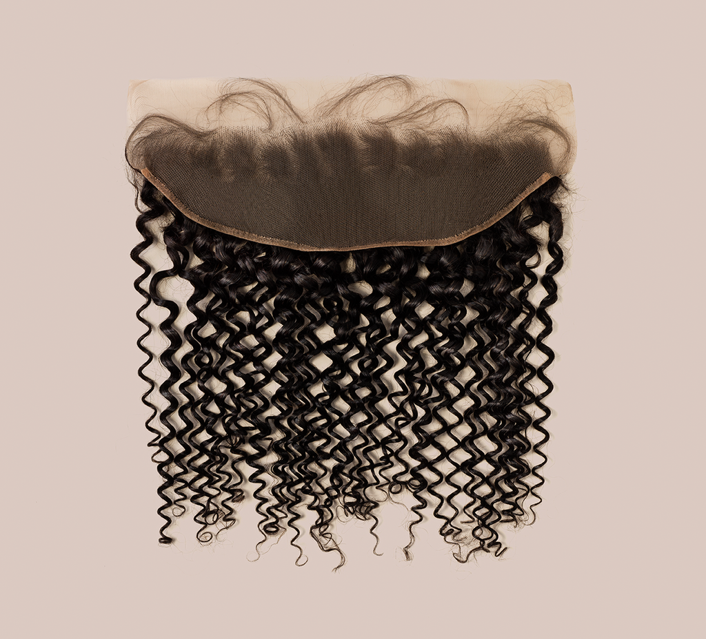 Color swatch of natural black virgin Brazilian water wave frontal hair shown flat