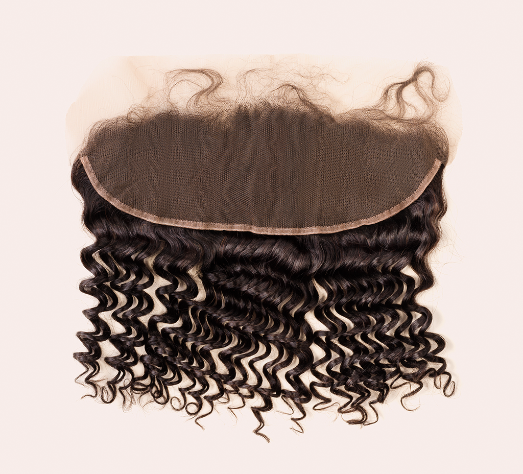 Color swatch of natural black virgin Brazilian deep wave frontal hair shown flat