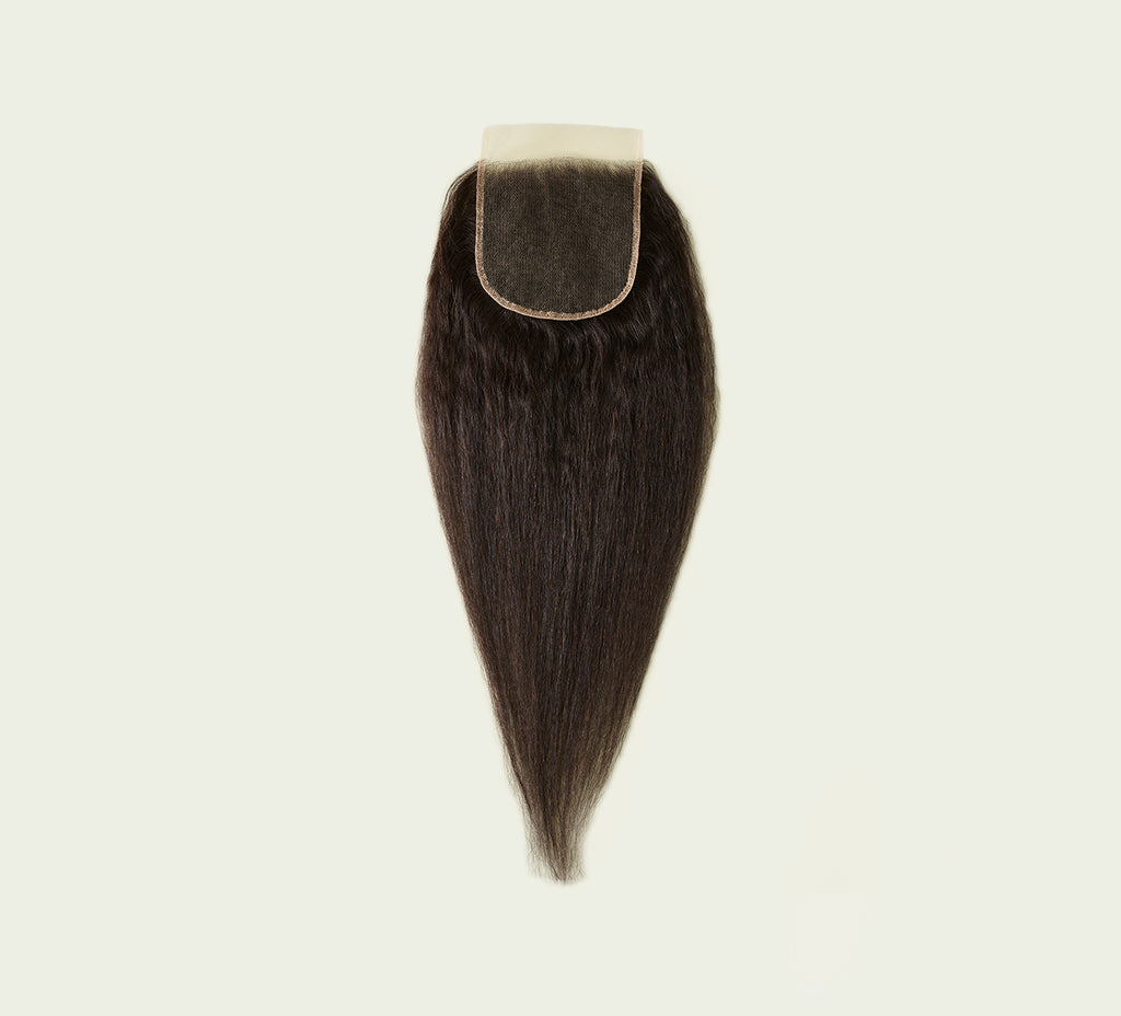 Color swatch of natural black virgin Brazilian kinky straight 5x5 HD hair