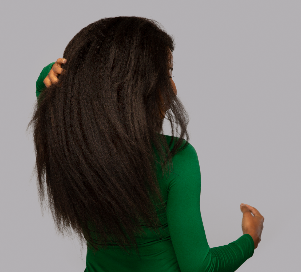 Close-up of the coarse kinky straight texture on virgin Brazilian hair