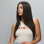 Close-up of the wider 5x5 HD lace parting on a straight closure