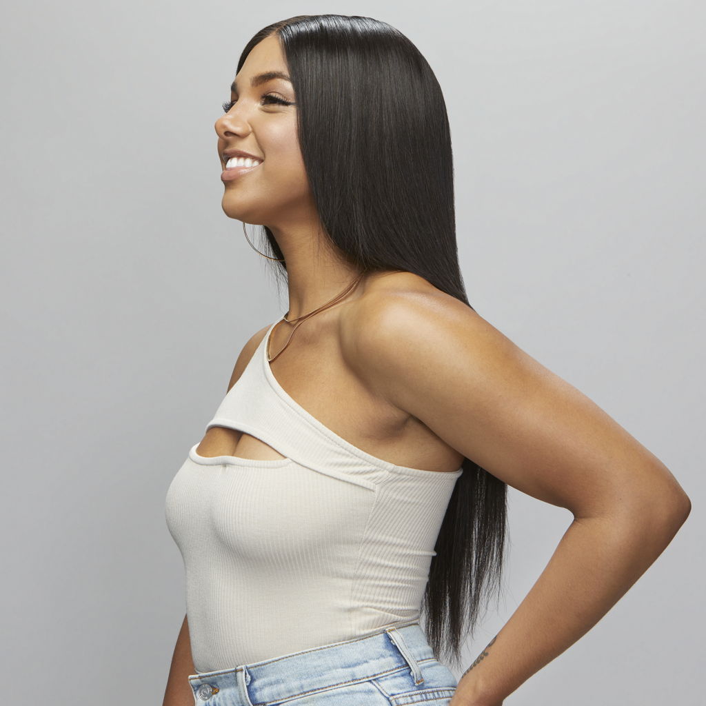 Back view of a Brazilian straight sew-in with a 5x5 HD closure