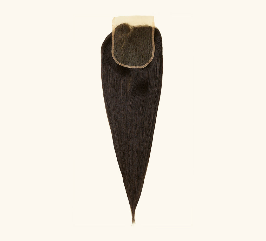 Color swatch of natural black virgin Brazilian yaki straight 5x5 closure hair