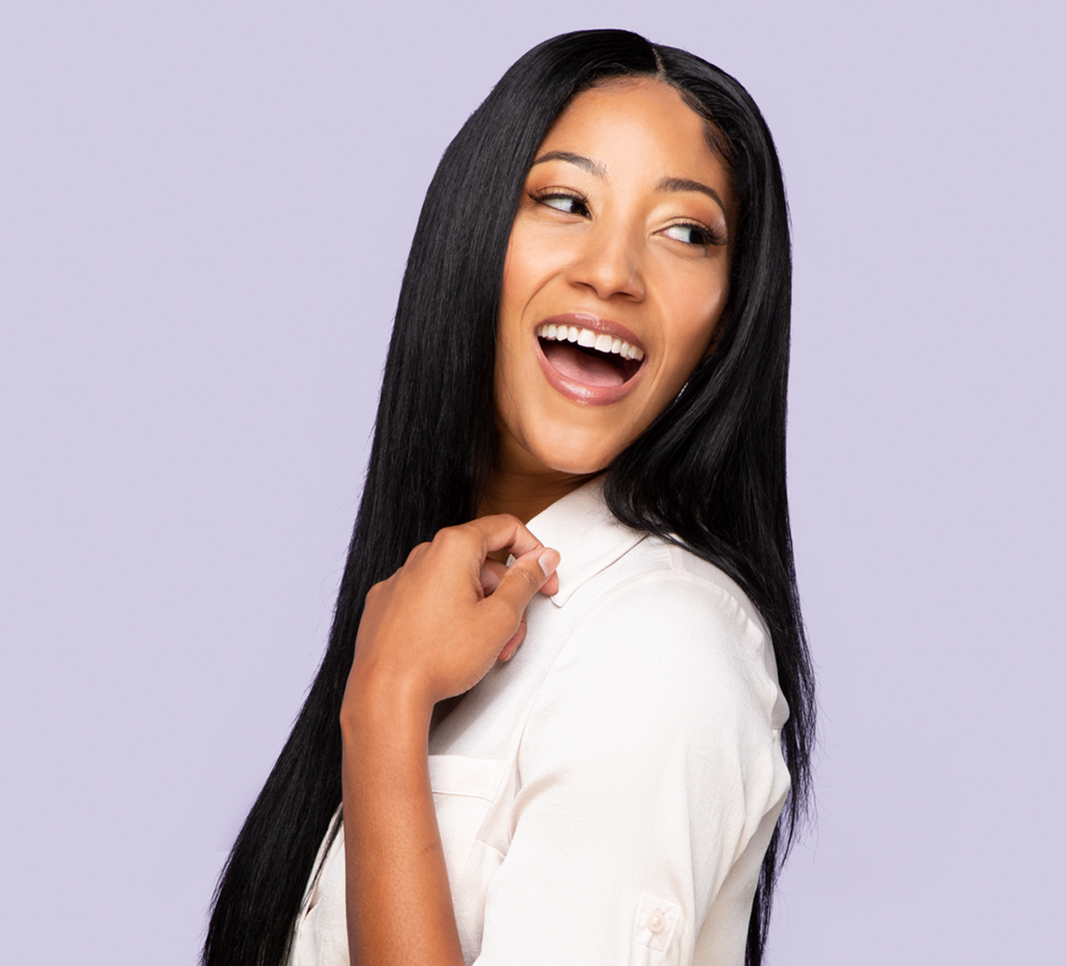 Model wearing a jet black straight 5x5 lace closure, front view