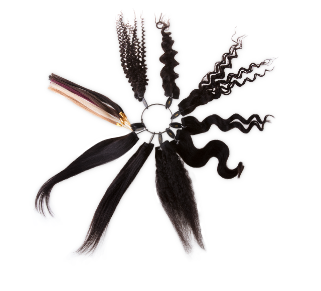 Stylist sample ring holding virgin human hair color swatches fanned out