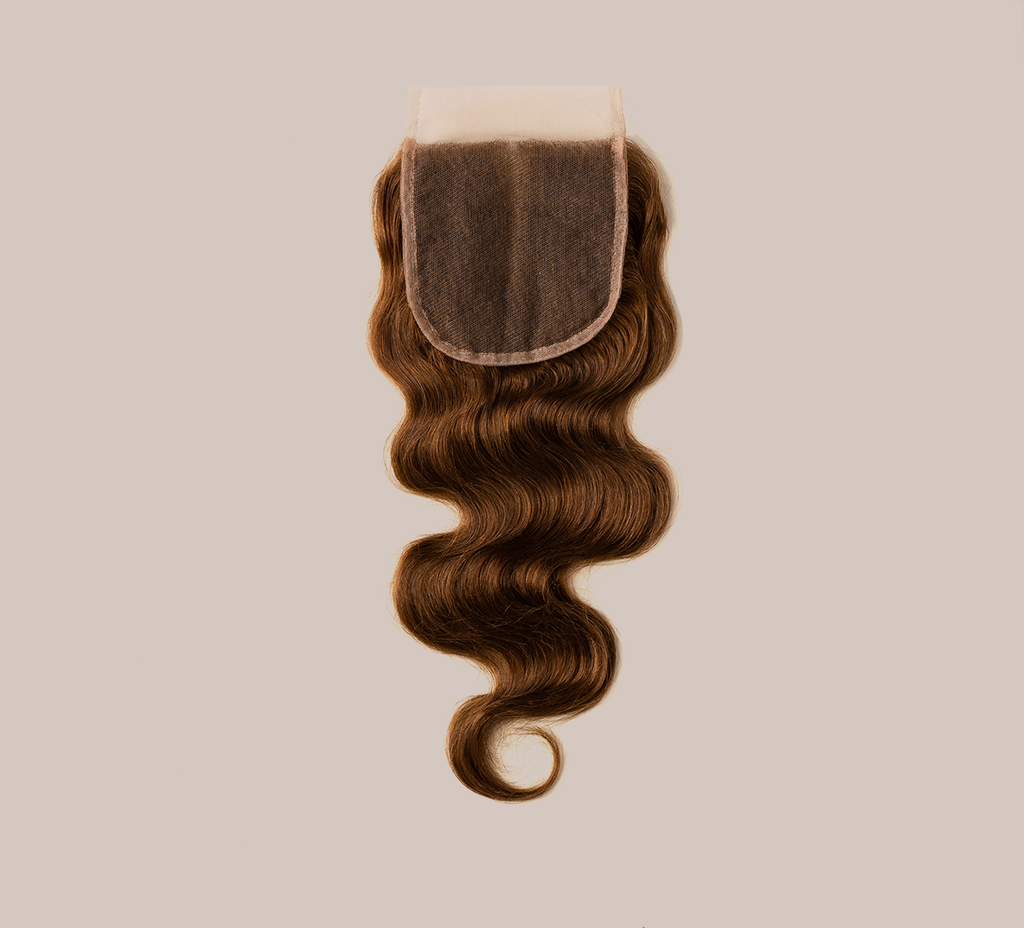 Color swatch of 4 caramel brown virgin body wave closure hair