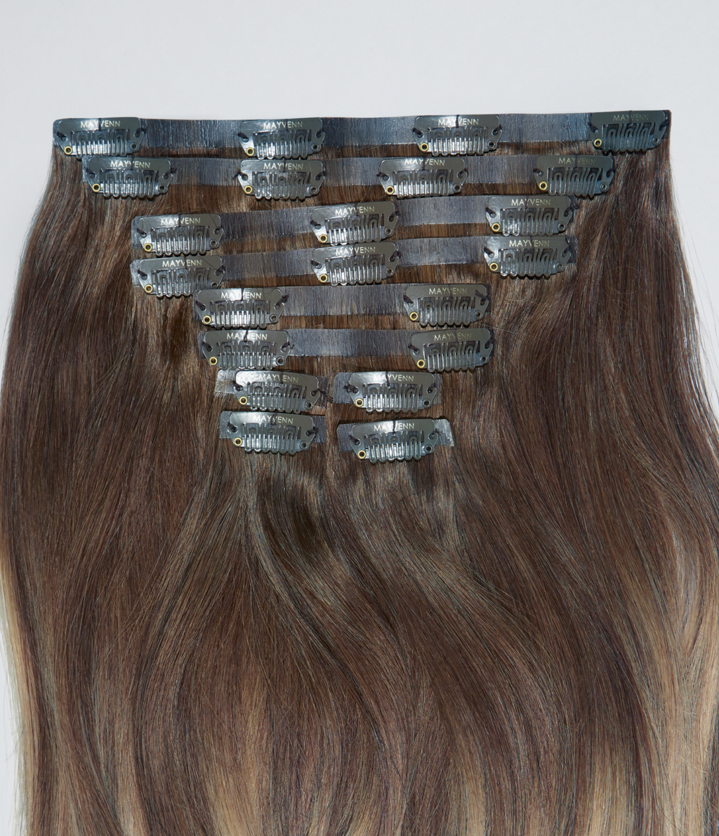 6 Medium Brown with 8 Blonde Highlights Seamless Clip-In Hair Extensions
