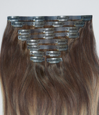 6 Medium Brown with 8 Blonde Highlights Seamless Clip-In Hair Extensions