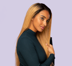 Model wearing a 1B/27 rooted honey blonde Indian straight 13x4 frontal