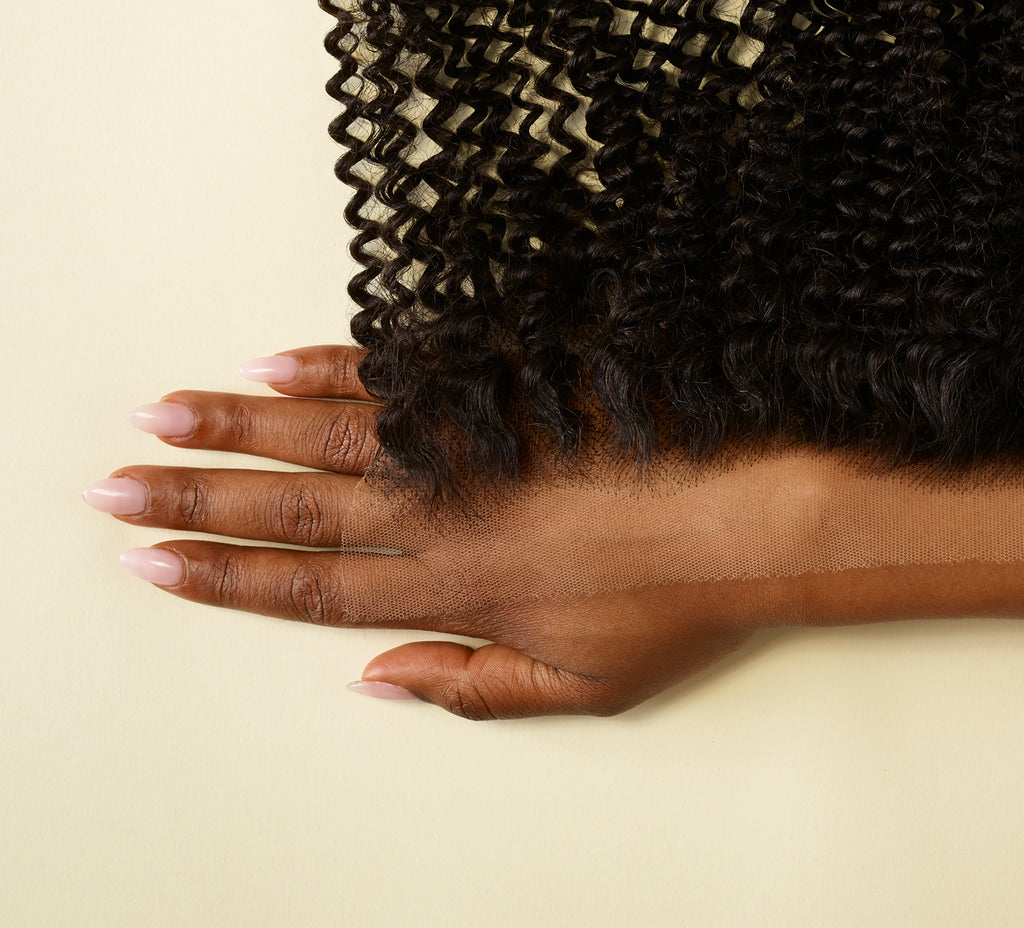 Color swatch of natural black virgin Brazilian curly frontal hair
