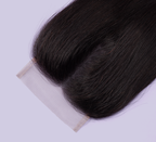 Back view of a natural black straight install topped with a lace closure