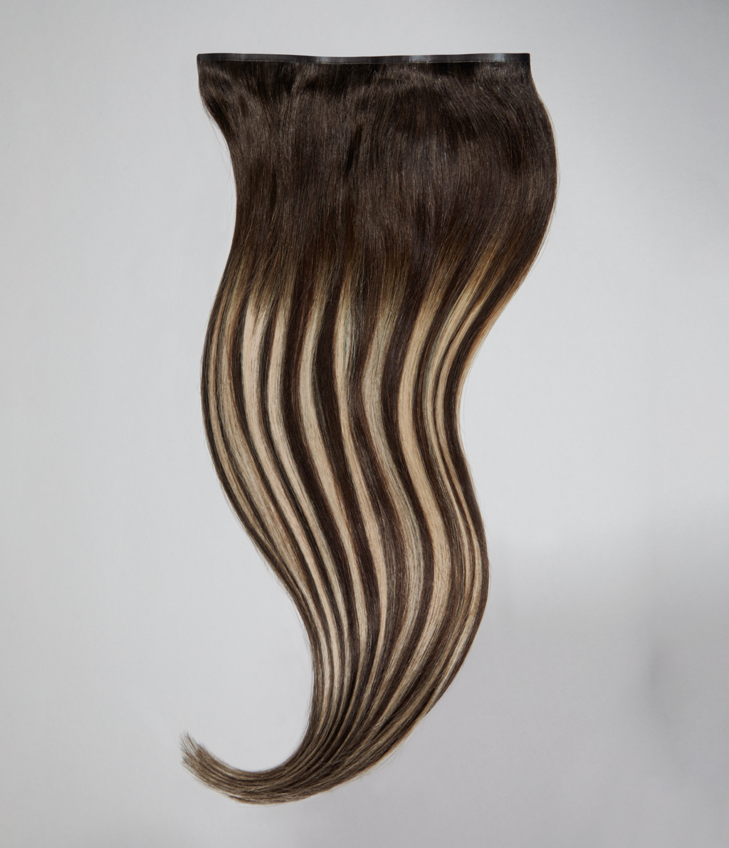 4 Dark Brown with 8 Blonde Highlights Seamless Clip-In Hair Extensions