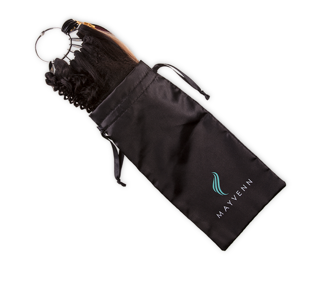 Natural black human hair swatch attached to the stylist sample ring