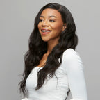 Back view of a natural black body wave sew-in with lace frontal