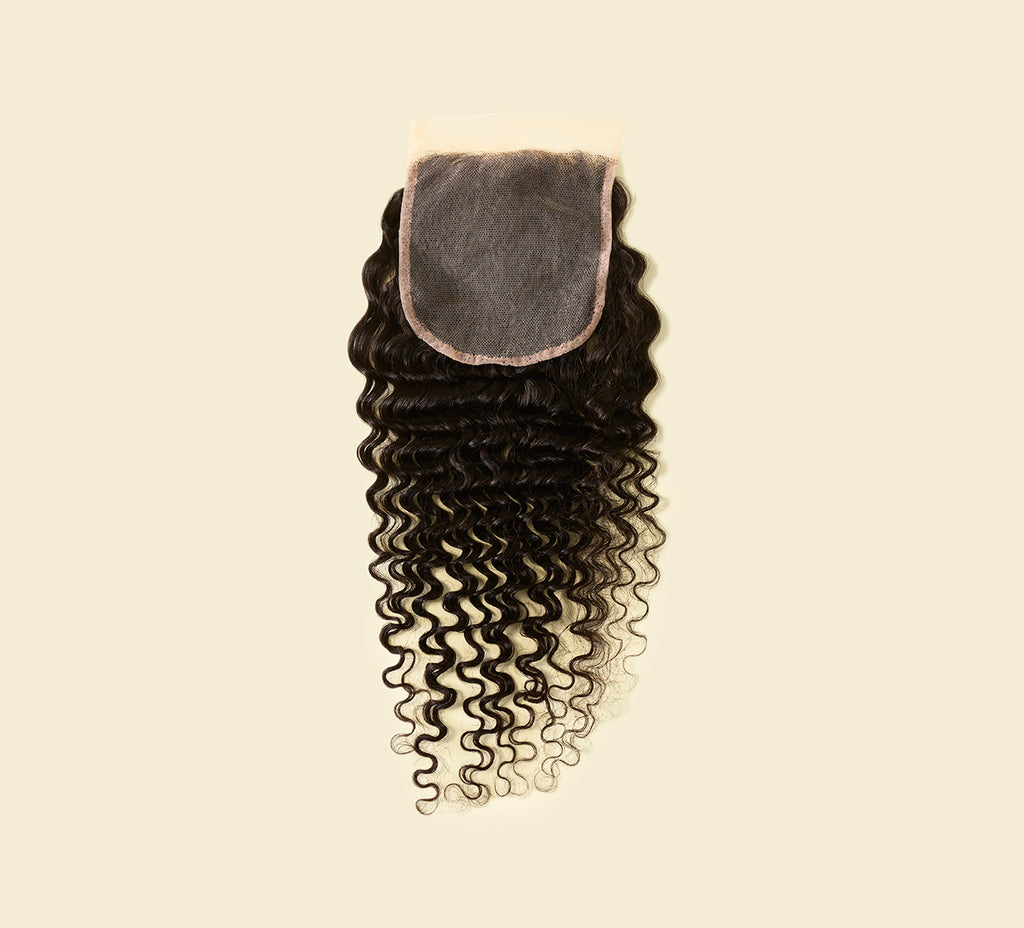 Color swatch of natural black virgin Brazilian deep wave 5x5 HD closure hair