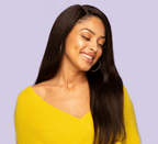 Model wearing a 2 chocolate brown straight 5x5 lace closure
