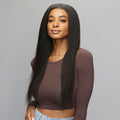 Model wearing a natural black kinky straight 5x5 lace closure, front view