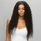 Model wearing a natural black water wave 5x5 lace closure, front view
