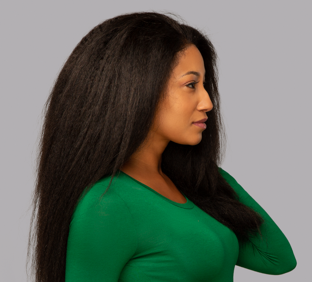 Model wearing a natural black kinky straight 4x4 lace closure, front view