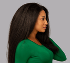 Model wearing a natural black kinky straight 4x4 lace closure, front view