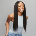 Model wearing a natural black yaki straight 5x5 lace closure, front view