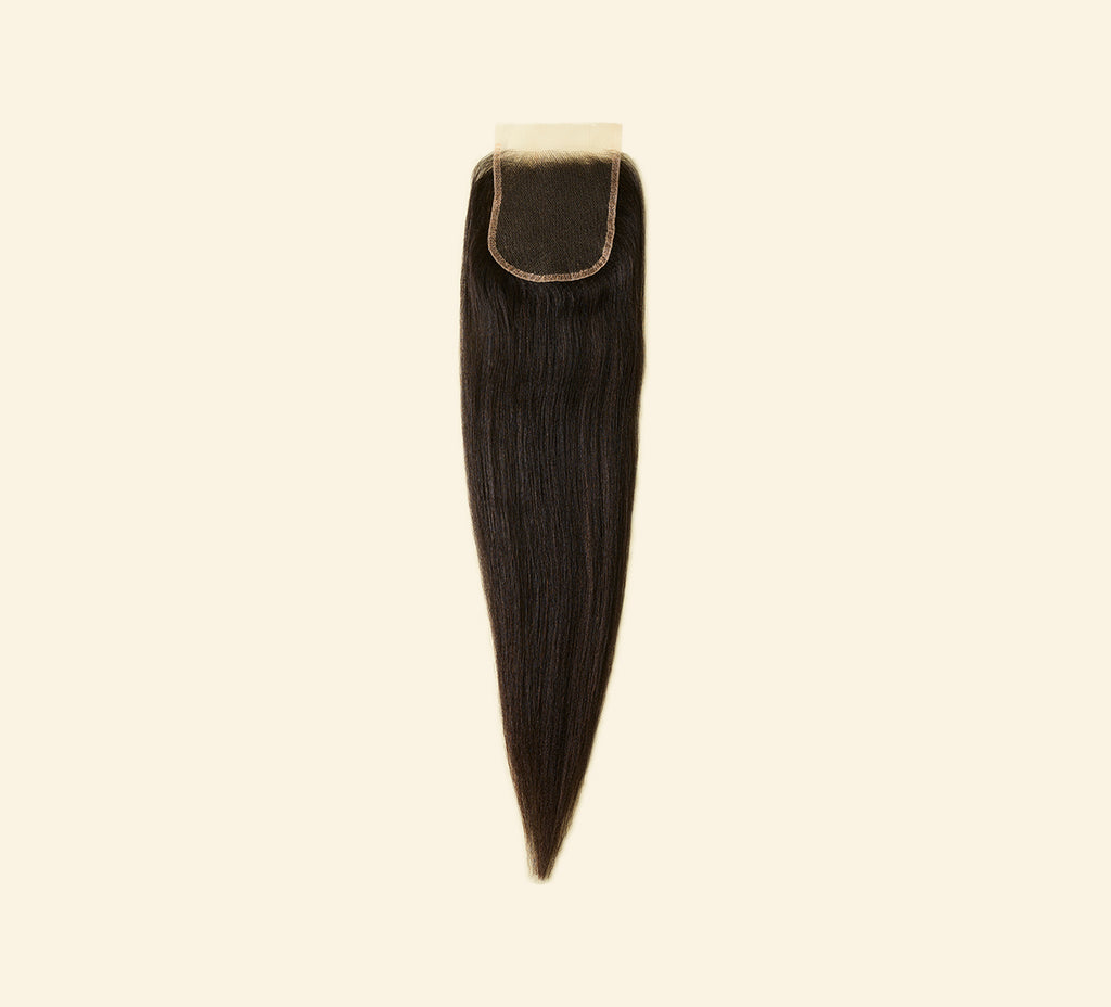 Color swatch of natural black virgin Brazilian yaki straight HD closure hair