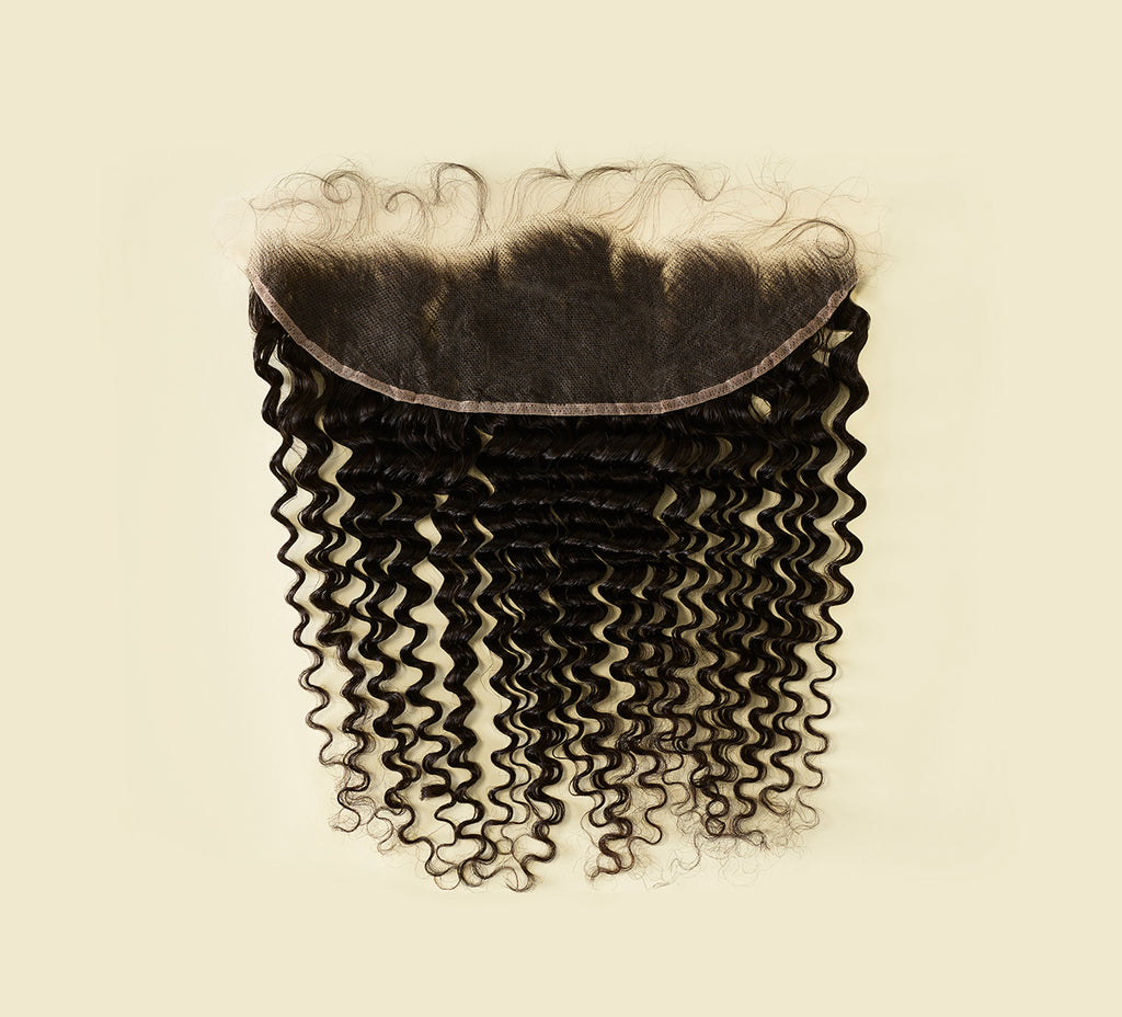 Color swatch of natural black virgin Brazilian deep wave frontal hair