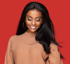 Model wearing a natural black yaki straight 4x4 lace closure, front view