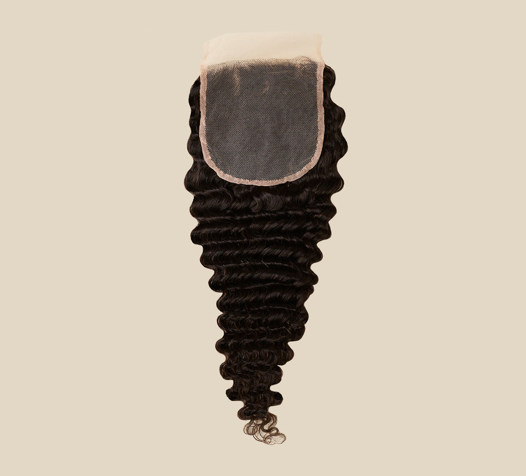 Color swatch of natural black virgin Brazilian water wave 5x5 closure hair