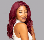Model wearing a 99J burgundy body wave 5x5 HD lace closure