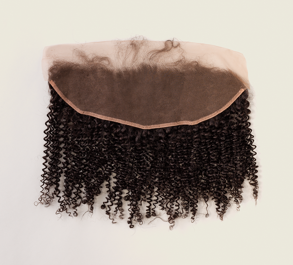 Color swatch of natural black virgin Brazilian curly frontal hair shown flat