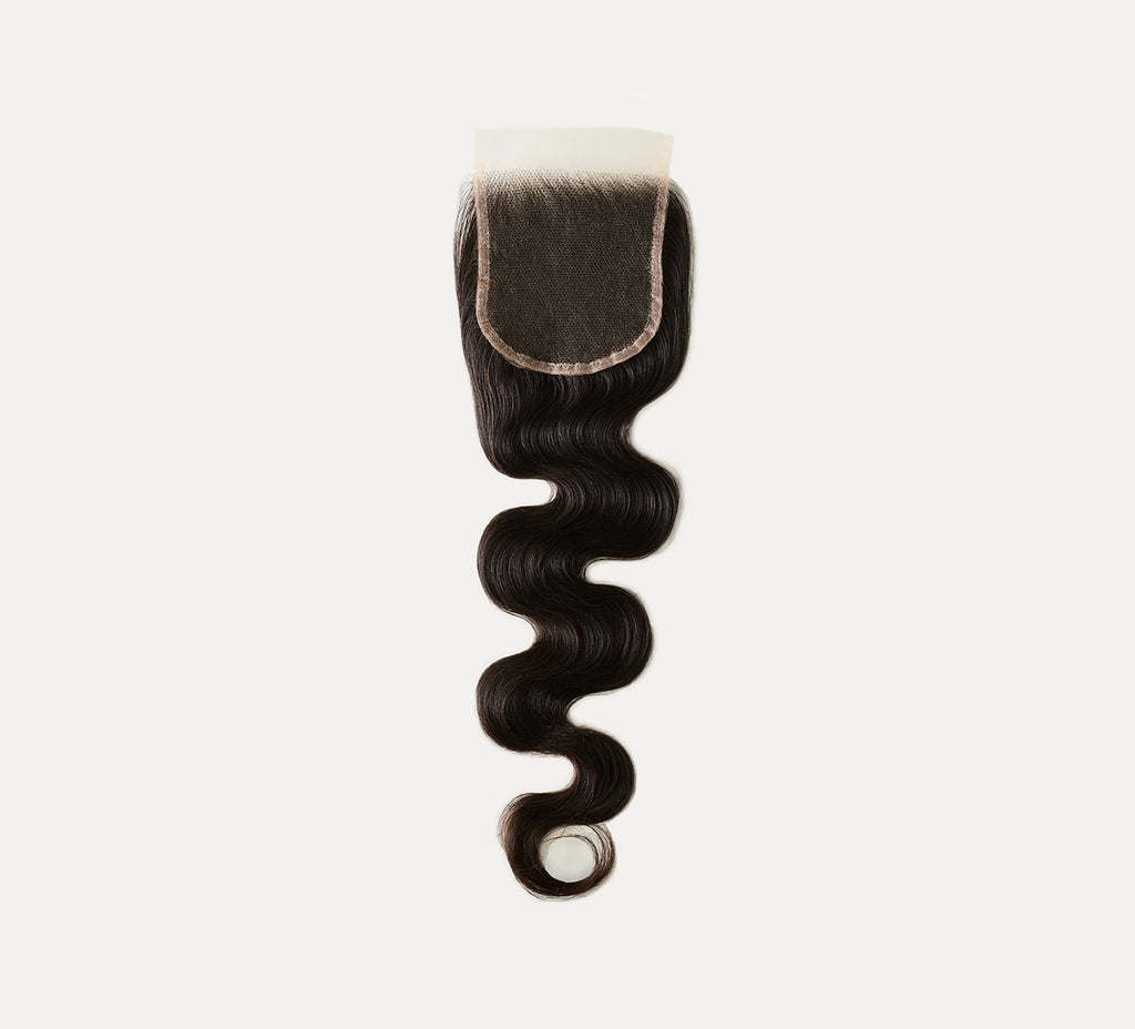 Color swatch of natural black virgin body wave 5x5 HD closure hair