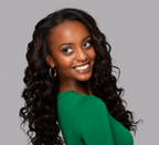 Model wearing a natural black loose wave 13x4 transparent lace frontal