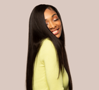 Model wearing a natural black Indian straight 4x4 lace closure, front view