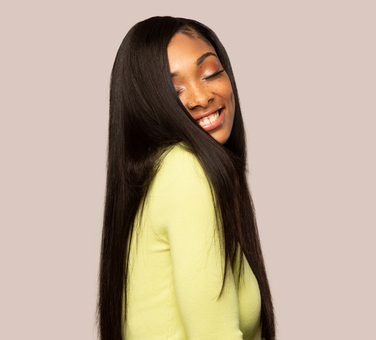 Model wearing a natural black Indian straight 4x4 lace closure, front view