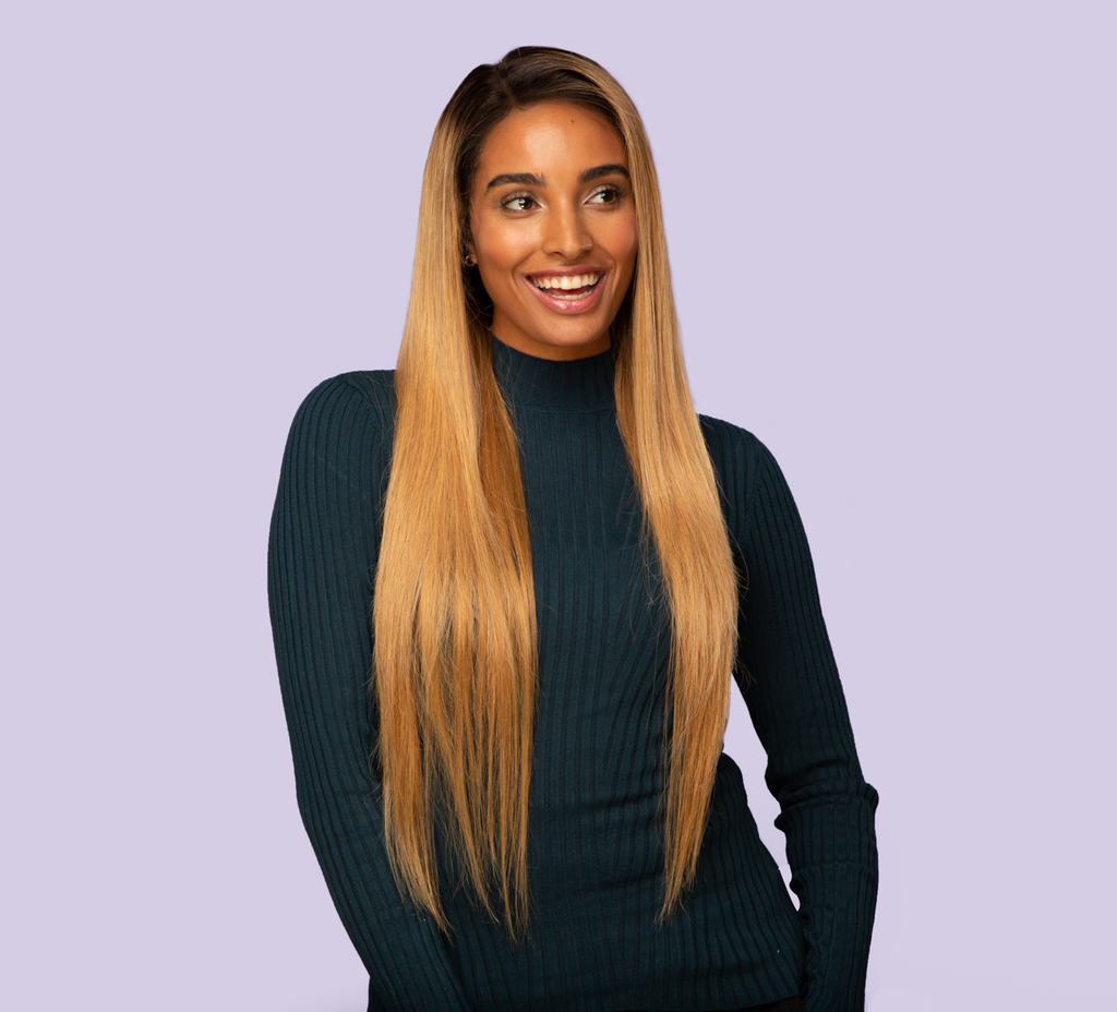 Honey blonde 1B/27 Indian straight bundle with dark roots laid flat