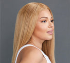 Model wearing a 27 honey blonde Indian straight 5x5 lace closure