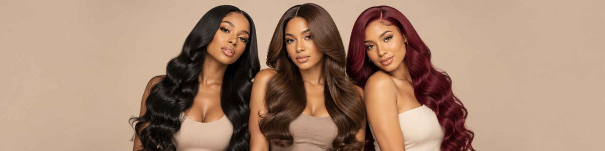 Models wearing Mayvenn's virgin body wave bundles with different colors.