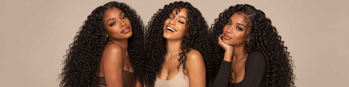 Models wearing human hair bundles with a deep wave texture from Mayvenn.