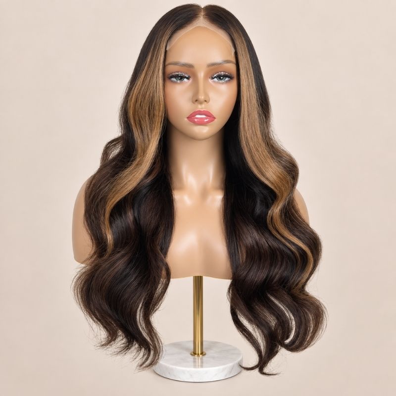 The Wildflower glueless 5x5 HD closure wig on a stand, showing the HD lace parting