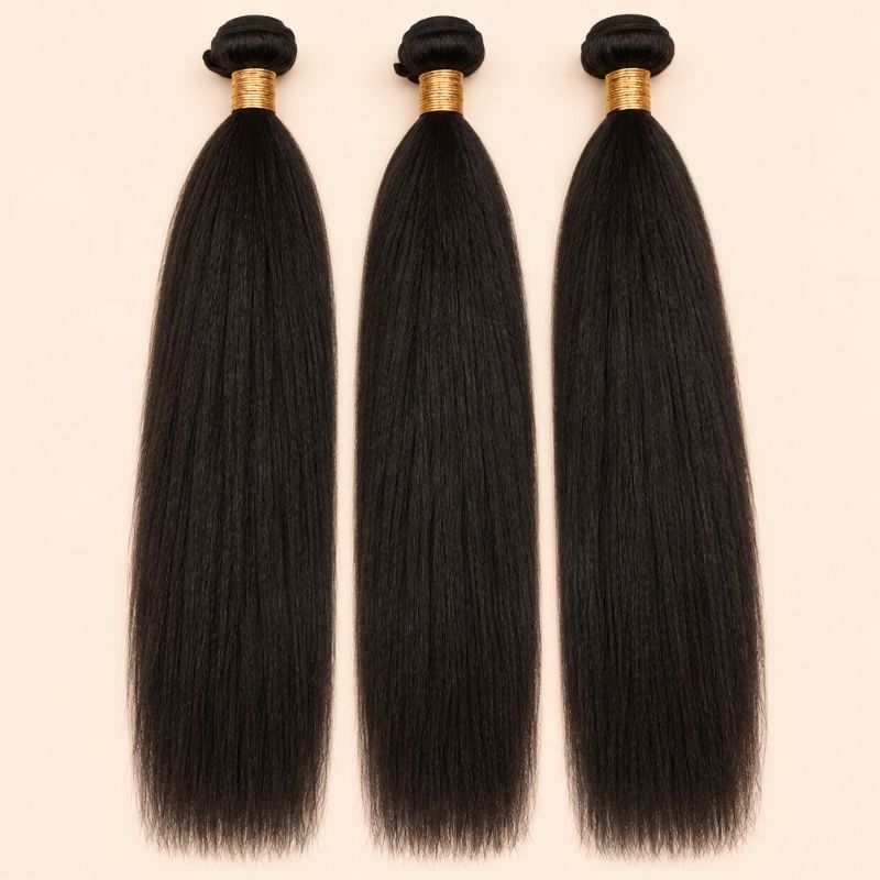 Three yaki straight human hair bundles standing side by side