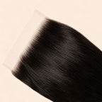 Close-up of the HD lace and parting on a yaki straight 7x7 closure
