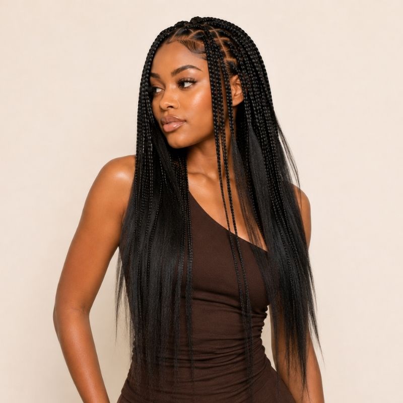 Full length of natural black yaki straight human braiding hair styled on model